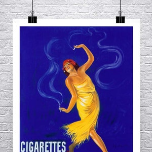 May include: A vintage poster advertising Araks cigarettes. A woman in a yellow dress and red headscarf dances with a cigarette in her hand. The background is a vibrant blue with swirling smoke.