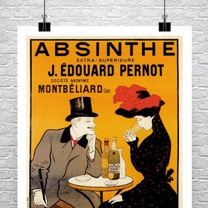 Puede incluir: Un cartel vintage que anuncia Absinthe Extra-Supérieure J. Édouard Pernot, una empresa de licores con sede en Montbéliard, Francia. El cartel presenta a un hombre y una mujer sentados a una mesa con botellas de absenta. El texto del cartel dice "Absinthe Extra-Supérieure J. Édouard Pernot Société Anonyme Montbéliard (Doubs) La Société est seule concessionnaire de la Grande Marque Liqueur Mont-Christ"