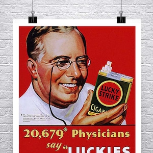 Póster publicitario vintage de tabaco "Los médicos lo prefieren tostado", impresión Giclée de bellas artes sobre lienzo o papel de primera calidad.