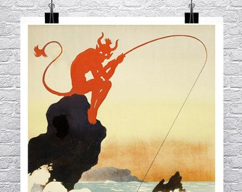 Devil Fishing For Champagne Vintage French Art Deco Liquor Poster Fine Art Giclee Print on Premium Canvas or Paper