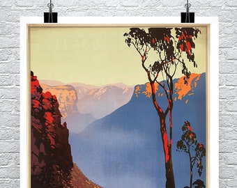 The Blue Mountains New South Wales Australia Art Deco Travel and Tourism Fishing Poster Fine Art Giclee Print on Premium Canvas or Paper