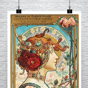 Art Nouveau Woman Poster: Roses and Hearts Giclee Print
