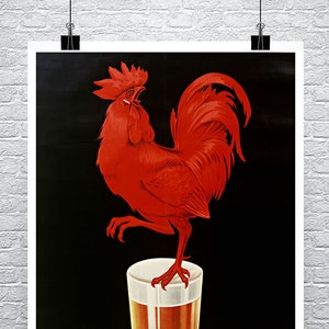 Red Beer Rooster vintage francés alcohol publicidad cartel de bellas artes Giclee impresión en lienzo premium o papel