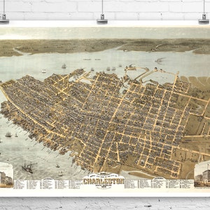 Charleston South Carolina 1872 Vogelauge Stadt Karte Fine Art Giclée-Druck auf Premium-Leinwand oder Papier