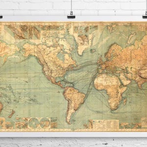 Antike Weltkarte Fine Art Giclée Druck auf Premium Leinwand oder Papier