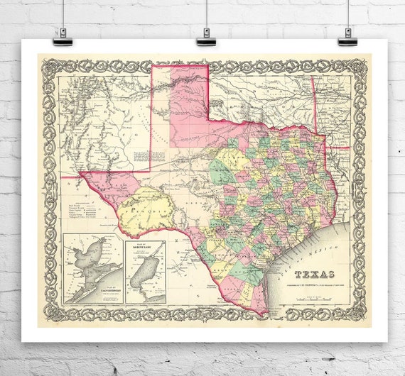 MAP OF TEXAS 1863 Vintage State Map Reproduction Rolled CANVAS PRINT 30x24 in.