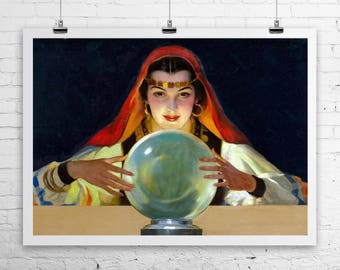 Mysterious Fortune Teller With Crystal Ball Vintage Fine Art Giclee Print on Premium Canvas or Paper