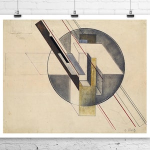 May include: Abstract geometric artwork in shades of grey, black, white, and red. The artwork features a circle with overlapping geometric shapes and lines. The artist's signature, "G.  Klucis", is in the bottom right corner.