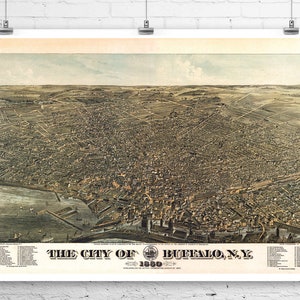 Buffalo New York 1880 Vögel Auge Ansicht Stadt Karte Fine Art Giclée-Druck auf Premium-Leinwand oder Papier