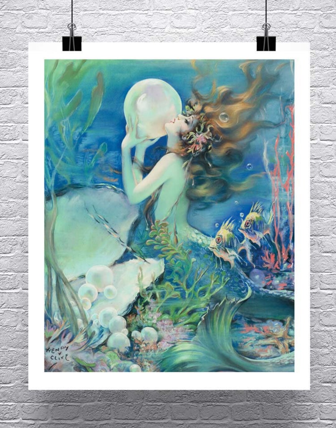 【良好品】 真珠の付いた水中の人魚 キャンバスまたは紙にジクレープリント 絵画