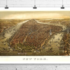 New York 1873 Vogelauge Stadt Karte Fine Art Giclée-Druck auf Premium-Leinwand oder Papier