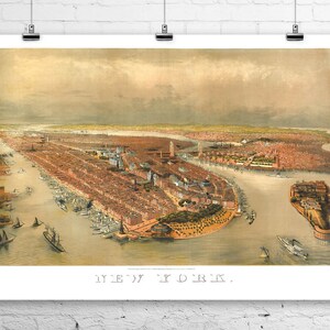 New York 1874 Vogelauge Stadt Karte Fine Art Giclée-Druck auf Premium-Leinwand oder Papier