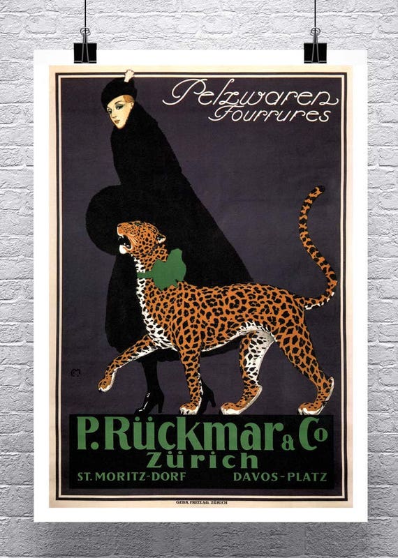 Woman Walking Cheetah Vintage Art Deco Advertising Poster Fine Etsy