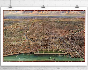 Chicago Illinois Central Business Section 1916 Birds Eye View City Map Fine Art Giclee Print on Premium Canvas or Paper