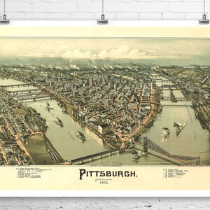 Pittsburgh Pennsylvania 1902 Vogelauge Stadt Karte Fine Art Giclée-Druck auf Premium-Leinwand oder Papier