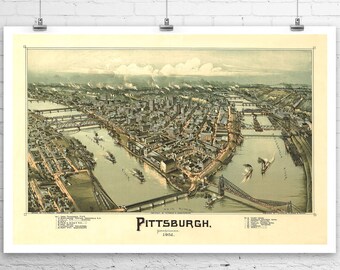 Pittsburgh Pennsylvania 1902 Bird's Eye City Map Fine Art Giclee Print on Premium Canvas or Paper