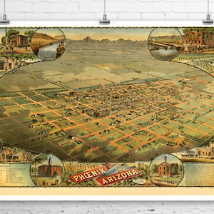 Phoenix Arizona 1885 Vögel Auge Stadt Karte Fine Art Giclée-Druck auf Premium-Leinwand oder Papier