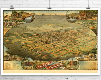 Phoenix Arizona 1885 Birds Eye City Map Fine Art Giclee Print on Premium Canvas or Paper