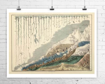 Worlds Tallest Mountains & Longest Rivers Antique World Map Fine Art Giclee Print on Premium Canvas or Paper