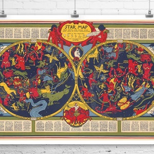 Stern Karte 1920 antike Astrologie Karte Fine Art Giclée-Druck auf Premium-Leinwand oder Papier