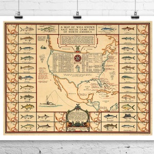 Pescado de caza de agua salada de América del Norte ilustrado mapa de pesca bellas artes Giclee impresión en lienzo o papel premium
