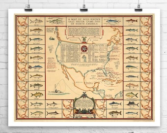 Karta över saltvattensfisk i Nordamerika: Giclée-tryck