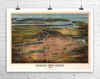 Newark New Jersey 1916 Birds Eye City Map Fine Art Giclee Print on Premium Canvas or Paper