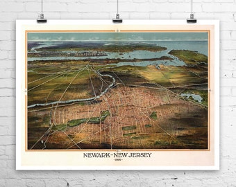 Newark New Jersey 1916 Bird's Eye View Map: Giclee Art Print