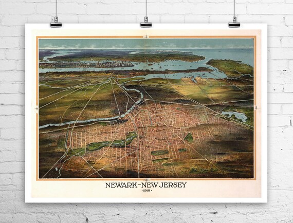 Newark New Jersey 1916 Bird's Eye View Map: Giclee Art Print - Main Image