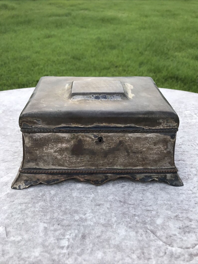 Large Antique Silverplate Metal Jewelry Casket Box