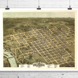 Columbia South Carolina 1872 Vogelauge Stadt Karte Fine Art Giclée-Druck auf Premium Leinwand oder Papier