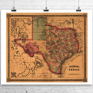 Antike Karte von Texas 1866 Fine Art Giclée-Druck auf Premium-Leinwand oder Papier