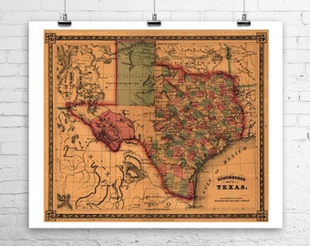 Antique Map of Texas 1866 Fine Art Giclee Print on Premium Canvas or Paper