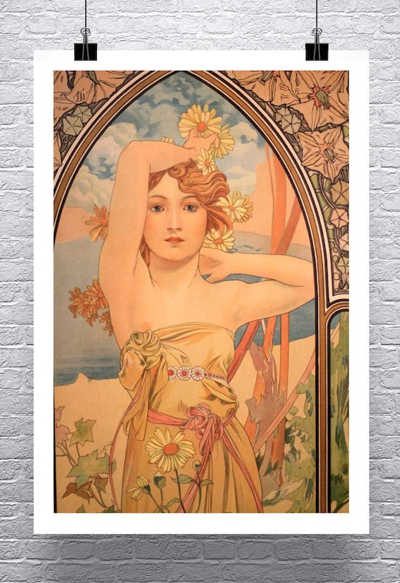 Polyanthus 1899 Alphonse Mucha Art Nouveau Rolled Canvas Giclee Print 17x36 in.