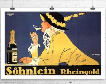 Woman Drinking Champagne 1914 Vintage European Alcohol Poster Fine Art Giclee Print on Premium Canvas or Paper