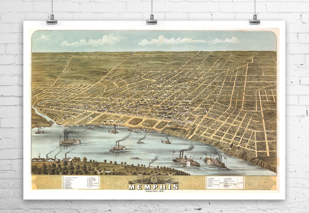 Memphis Tennessee 1870 Birds Eye View City Map Fine Art Giclee Print on Memphis Tennessee 1870 Birds Eye View City Map Fine Art Giclee Print on
