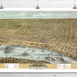 Memphis Tennessee 1870 Vögel Auge Ansicht Stadt Karte Fine Art Giclée-Druck auf Premium-Leinwand oder Papier