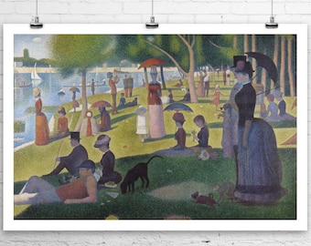 May include: A pointillist painting depicting a park scene with people gathered on a grassy area. The painting features a variety of colors, including green, blue, red, and yellow. There are trees, a river, and a boat in the background. The people are wearing a variety of clothing, and some are holding umbrellas.
