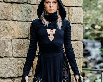 SIBERIAN SLICE - Hooded Bolero TOP with Thumb Holes & Assymetric Zip Collar || Ethical Rave Post Apoc Gothic Womens