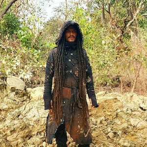 Storm Shadow- Distressed Hooded Coat, Burningman Clothing, Festival Fashion, Psy Trance Wear, Goa Wear, Wasteland Costume, Post Apocalyptic