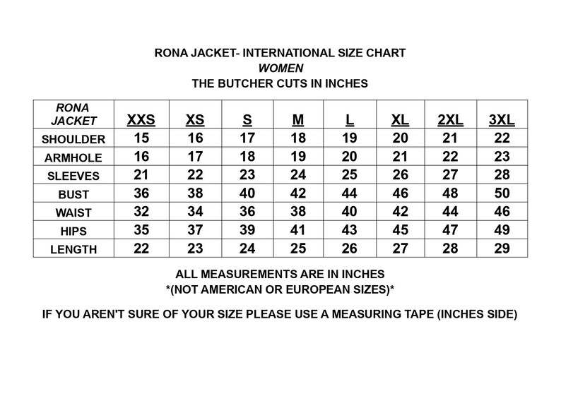 Puede incluir: Una tabla de tallas internacional para la chaqueta Rona con medidas en pulgadas. La tabla enumera tallas desde XXS hasta 3XL para hombros, sisa, mangas, busto, cintura, caderas y largo, indicando que no se deben usar tallas americanas o europeas.