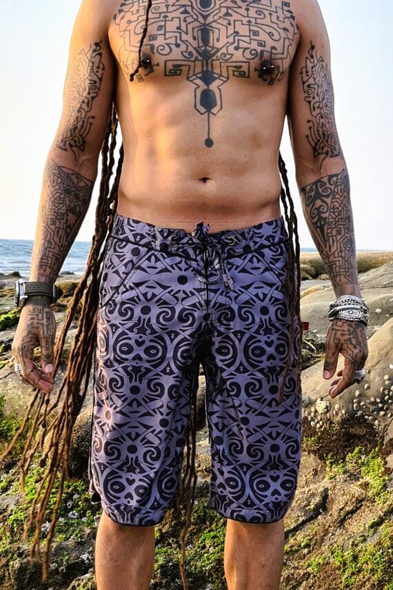 Mens Surf Shorts Borneo Print Tribal Board Shorts - Beach Swim Shorts - Summer Swimwear - CLEARANCE SALE