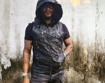 Shredder Leather Sleeveless Jacket - Detachable Hoodie, Steampunk Vest