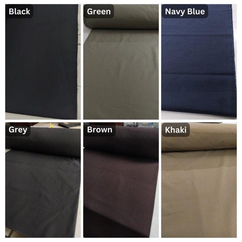 Puede incluir: Una colecci&oacute;n de seis rollos de tela mostrados en una cuadr&iacute;cula, con colores s&oacute;lidos etiquetados como Black, Green, Navy Blue, Grey, Brown y Khaki. Cada rollo muestra una superficie textil mate y lisa con texturas de tejido visibles.