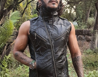 Skin Crawler Men And Women's Sleeveless Festival Leather Jacket, Psytrance, BurningMan Clothing, Playa Fashion, Goa Trance Clothing, Him Her