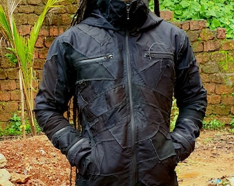 Skinner - men's hooded jacket, riding jacket, festival jacket, burning man clothing, psy trance,wastelander,cosplay, post apocalyptic jacket