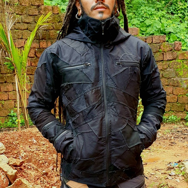 Skinner - men's hooded jacket, riding jacket, festival jacket, burning man clothing, psy trance,wastelander,cosplay, post apocalyptic jacket