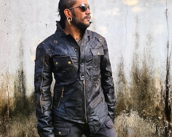 Skin Rona - Post Pan Apocalyptic Leather Jacket, Mens Distressed Wasteland Jacket, Gothic, Biker Wear