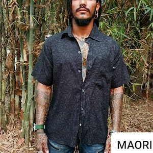Maori Summer Shirt- Men&#39;s Designer Cotton Geometric Printed Shirt, Spiritual Tribal, Beach wear, Festival Outfit, Button Down, Limited, Goa