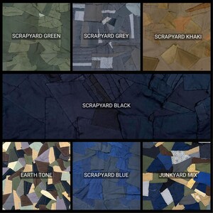 Puede incluir: Una cuadr&iacute;cula de muestras de tela con varios colores: Scrapyard Green, Scrapyard Grey, Scrapyard Khaki, Scrapyard Black, Earth Tone, Scrapyard Blue y Junkyard Mix. Cada secci&oacute;n muestra retazos de tela superpuestos en paletas distintas.